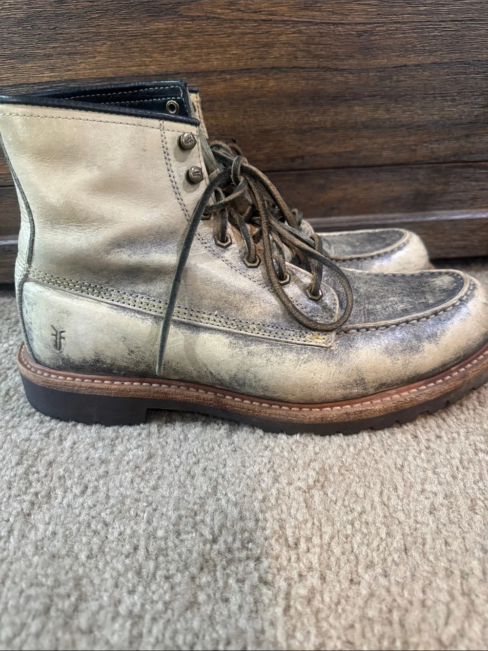 Frye Men's Distressed Tan Leather Moc Toe Lace-Up Boots